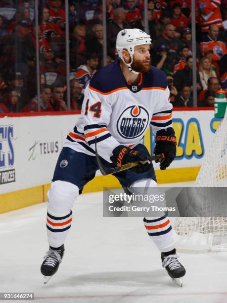 Zack Kassian of the Edmonton Oilers against the Calgary Flames at Scotiabank Saddledome on March 13, 2018 in Calgary, Alberta, Canada.