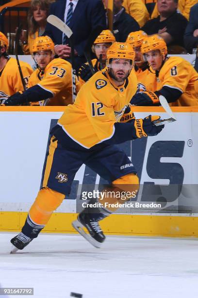 Mike Fisher of the Nashville Predators skates against the Winnipeg Jets during the second period at Bridgestone Arena on March 13, 2018 in Nashville,...