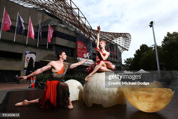 Australian Ballet principal dancers Lana Jones and Kevin Jackson perform an excerpt of Graeme Murphy's Firebird at Melbourne Arts Centre on March 14,...