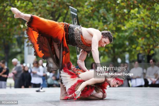 Australian Ballet principal dancers Lana Jones and Kevin Jackson perform an excerpt of Graeme Murphy's Firebird at Melbourne Arts Centre on March 14,...
