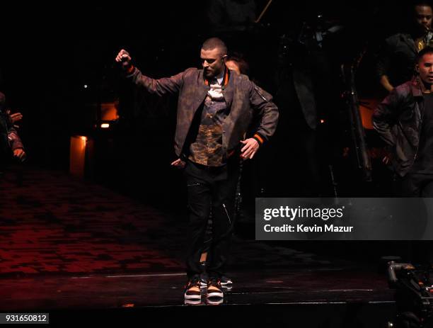 Justin Timberlake performs onstage during his "The Man Of The Woods" tour at Air Canada Centre on March 13, 2018 in Toronto, Canada.