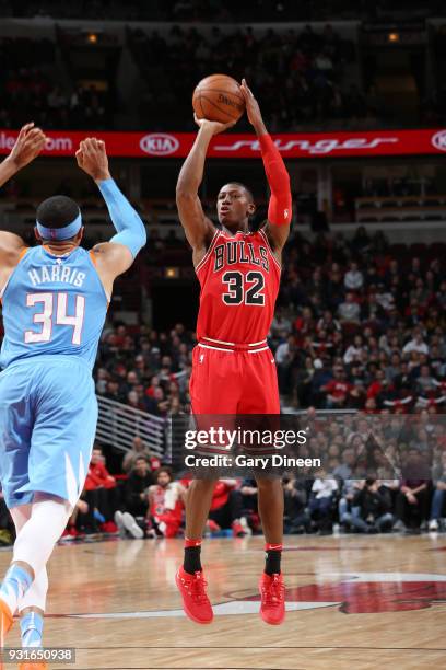 Kris Dunn of the Chicago Bulls shoots the ball against the LA Clippers on March 13, 2018 at the United Center in Chicago, Illinois. NOTE TO USER:...