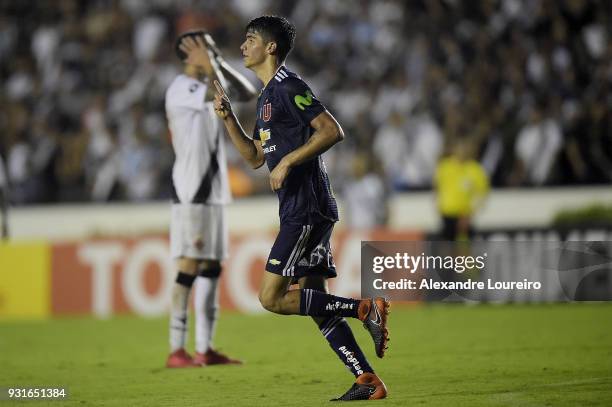 Angelo Araos of Universidad de Chile celebrates their first scored goal during a Group Stage match between Vasco and Universidad de Chile as part of...