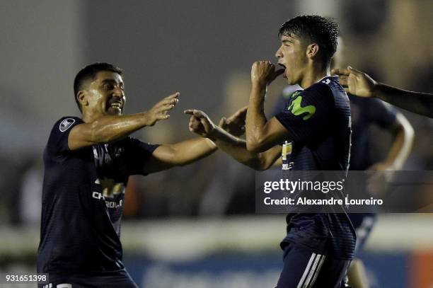 Angelo Araos of Universidad de Chile celebrates their first scored goal during a Group Stage match between Vasco and Universidad de Chile as part of...