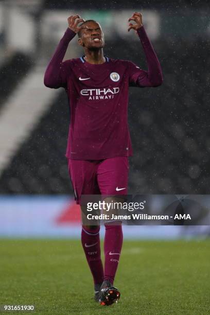 Tosin Adarabioyo of Manchester City reacts during the Premier League 2 match between Derby County and Manchester City on March 9, 2018 in Derby,...
