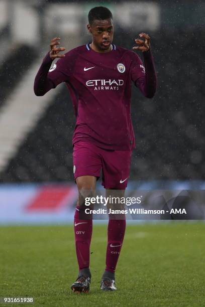 Tosin Adarabioyo of Manchester City reacts during the Premier League 2 match between Derby County and Manchester City on March 9, 2018 in Derby,...