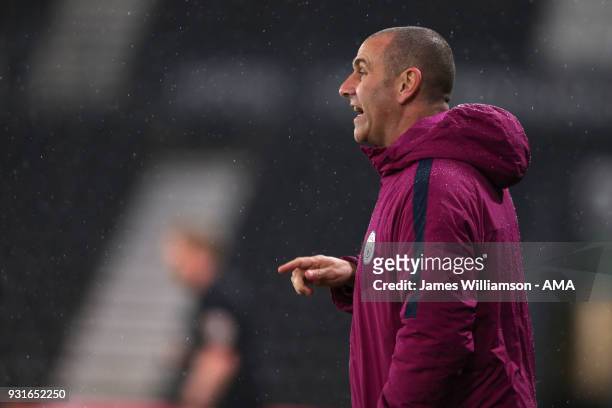 Manchester City academy manager Simon Davies during the Premier League 2 match between Derby County and Manchester City on March 9, 2018 in Derby,...