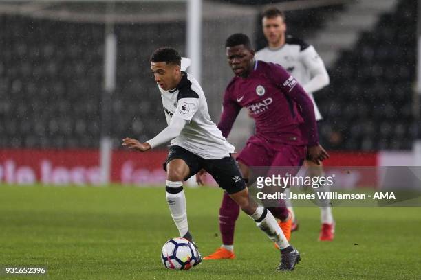 Jayden Mitchell-Lawson of Derby County during the Premier League 2 match between Derby County and Manchester City on March 9, 2018 in Derby, England.