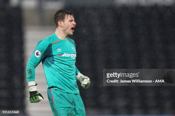 Joshua Barnes of Derby County during the Premier League 2 match between Derby County and Manchester City on March 9, 2018 in Derby, England.