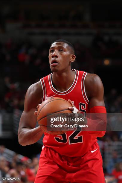 Kris Dunn of the Chicago Bulls shoots a free throw against the LA Clippers on March 13, 2018 at the United Center in Chicago, Illinois. NOTE TO USER:...