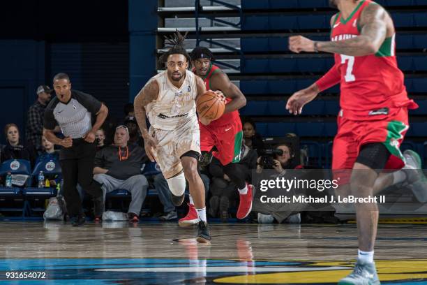 James Young of the Delaware 87ers handles the ball against the Maine Red Claws during a G-League game on March 13, 2018 at the Bob Carpenter Center...
