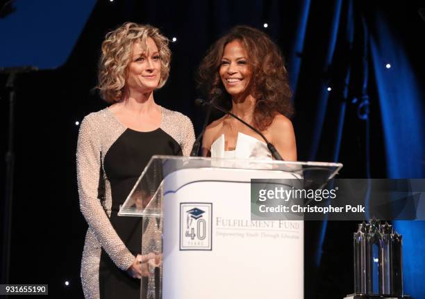 Hosts Teri Polo and Sherri Saum speak onstage during A Legacy Of Changing Lives presented by the Fulfillment Fund at The Ray Dolby Ballroom at...