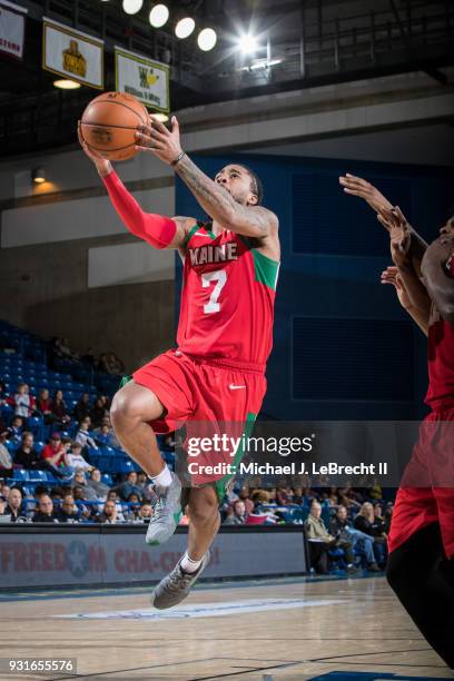 Trey Davis of the Maine Red Claws goes for a lay up against the Delaware 87ers during a G-League game on March 13, 2018 at the Bob Carpenter Center...