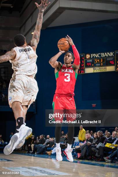 Daniel Dixon of the Maine Red Claws shoots the ball against the Delaware 87ers during a G-League game on March 13, 2018 at the Bob Carpenter Center...
