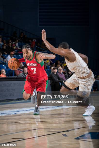 Trey Davis of the Maine Red Claws handles the ball against the Delaware 87ers during a G-League game on March 13, 2018 at the Bob Carpenter Center in...