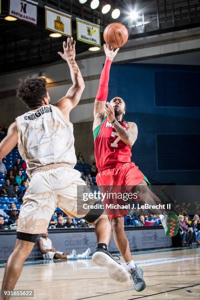 Trey Davis of the Maine Red Claws goes to the basket against the Delaware 87ers during a G-League game on March 13, 2018 at the Bob Carpenter Center...