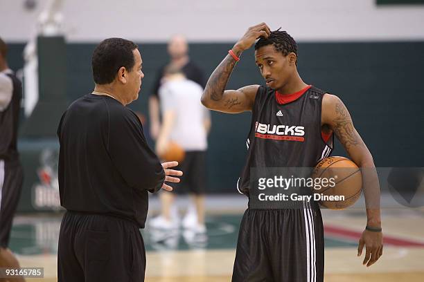Assistant Coach Kelvin Sampson and Brandon Jennings talk during practice on November 13, 2009 at The Cousin's Center in St. Francis, Wisconsin. NOTE...