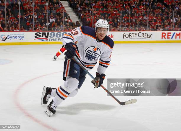 Michael Cammalleri of the Edmonton Oilers skates in his 900th game against the Calgary Flames at Scotiabank Saddledome on March 13, 2018 in Calgary,...