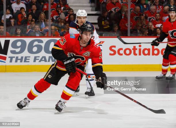Sean Monahan of the Calgary Flames skates against the Edmonton Oilers at Scotiabank Saddledome on March 13, 2018 in Calgary, Alberta, Canada.