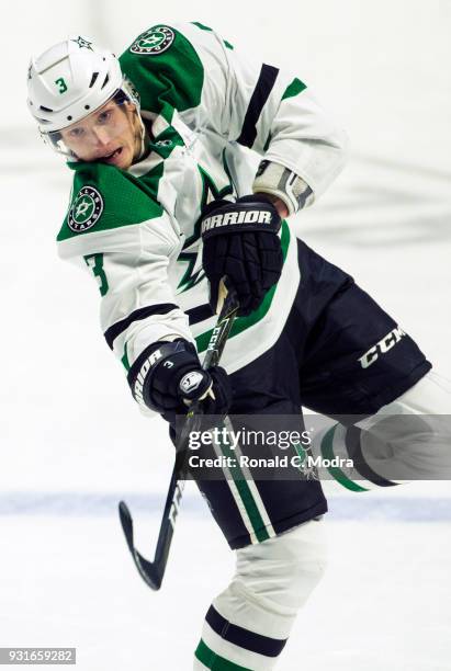 John Klingberg of the Dallas Stars skates against the Nashville Predators during an NHL game at Bridgestone Arena on March 6, 2018 in Nashville,...