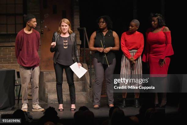 Caleb Grandoit, Suzy Myers Jackson, Elyce Afrifa, Brittany Adebumola, and Christine Pluviose speak onstage at Opening Act's 12th Annual Benefit Play...