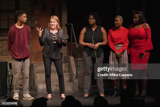 Caleb Grandoit, Suzy Myers Jackson, Elyce Afrifa, Brittany Adebumola, and Christine Pluviose speak onstage at Opening Act's 12th Annual Benefit Play...