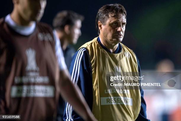 Chile's Universidad de Chile coach Angel Hoyos gestures during 2018 Libertadores Cup football match against Brazil's Vasco da Gama at Sao Januario...