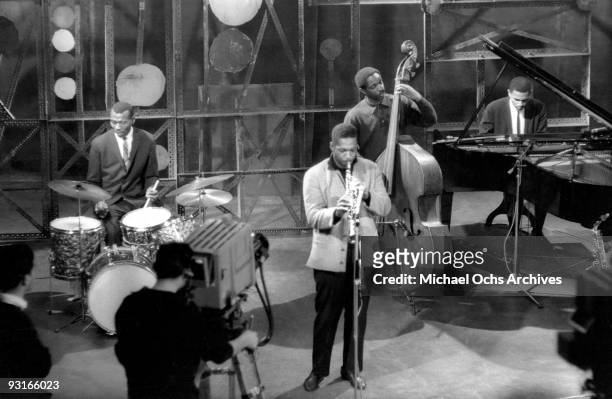 Jazz musician John Coltrane and his band perform live on a show broadcast from a TV station in Baden-Baden in 1961 in West Germany.