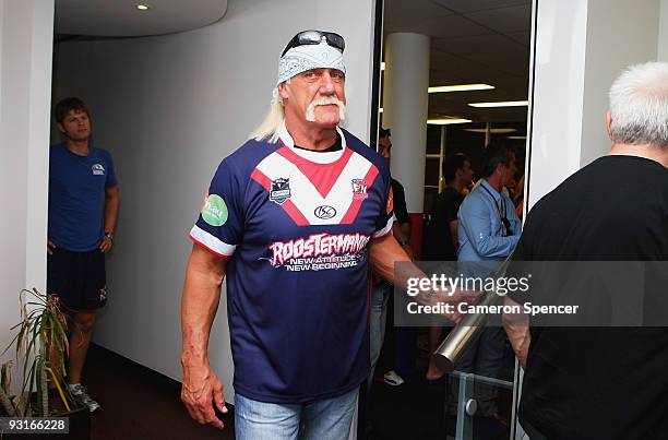 Wrestler Hulk Hogan exits a media opportunity with Sydney Roosters players at Roosters Headquarters on November 18, 2009 in Sydney, Australia.