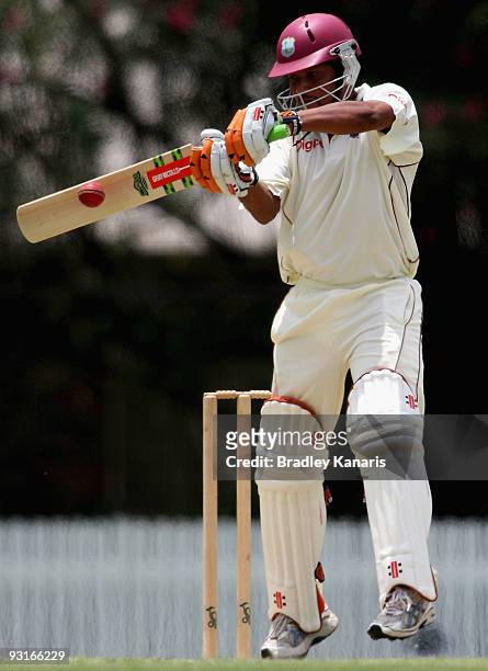 Ramnaresh Sarwan of the West Indies plays a shot during day one of the tour match between the Queensland Bulls and the West Indies at Allan Border...