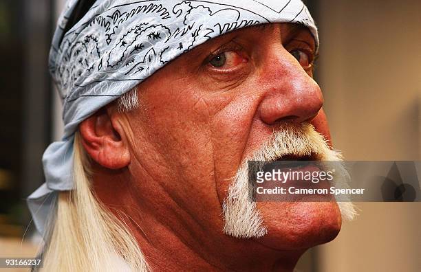Wrestler Hulk Hogan is interviewed during a media opportunity with Sydney Roosters players at Roosters Headquarters on November 18, 2009 in Sydney,...