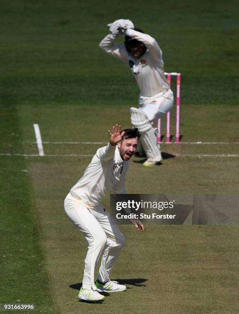 New Zealand batsman Tom Blundell survives a confident appeal from England bowler James Vince during day one of the Test warm up match between England...