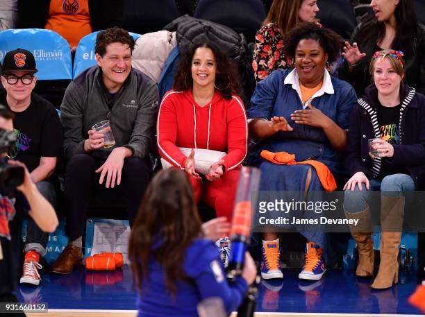 Lea Delaria, guest, Dasha Polanco, Adrienne C. Moore and Emma Myles attend the New York Knicks Vs Dallas Mavericks game at Madison Square Garden on...