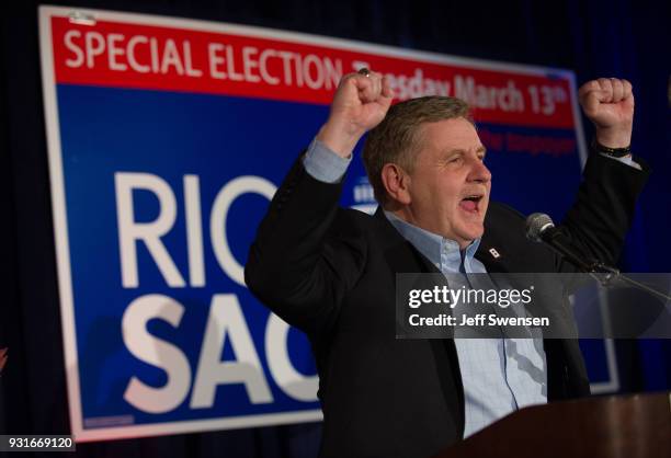 Congressional Candidate Rick Saccone speaks to supporters after his race was too close to call on March 13, 2018 at the Youghiogheny Country Club in...