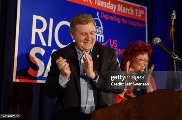 Congressional Candidate Rick Saccone speaks to supporters after his race was too close to call on March 13, 2018 at the Youghiogheny Country Club in...