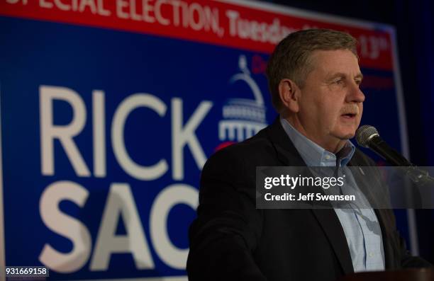 Congressional Candidate Rick Saccone speaks to supporters after his race was too close to call on March 13, 2018 at the Youghiogheny Country Club in...