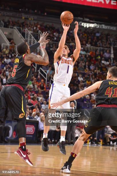 Devin Booker of the Phoenix Suns shoots the ball against the Cleveland Cavaliers on March 13, 2018 at Talking Stick Resort Arena in Phoenix, Arizona....