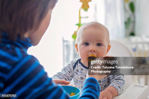 sweet preschool boy, feeding his baby boy brother with mashed vegetables in sunny living room - prague food stock pictures, royalty-free photos & images