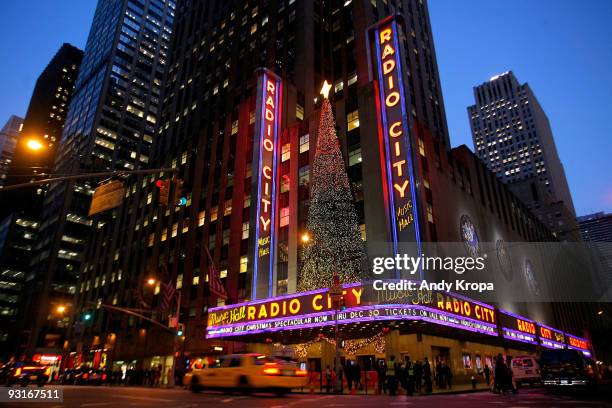 The exterior of Radio City Music Hall is seen on the opening night of "The 2009 Radio City Christmas Spectacular" on November 17, 2009 in New York...