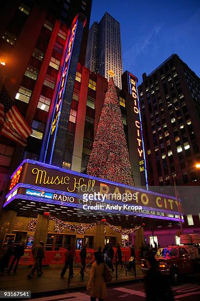 The exterior of Radio City Music Hall is seen on the opening night of "The 2009 Radio City Christmas Spectacular" on November 17, 2009 in New York...
