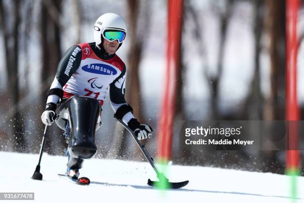 Corey Peters of New Zealand competing in the Men's Giant Slalom Sitting on day five of the PyeongChang 2018 Paralympic Games on March 14, 2018 in...