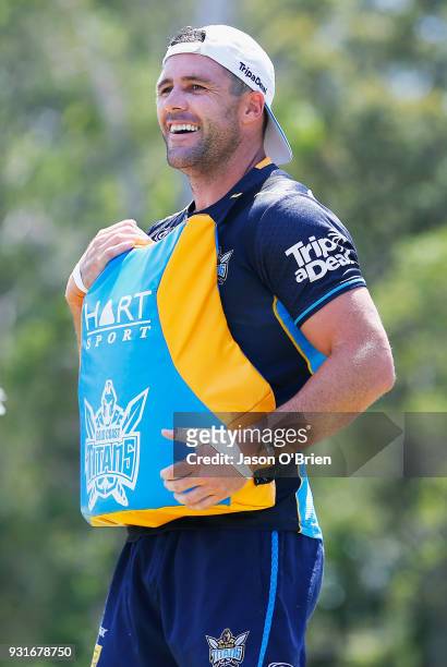 Michael Gordon smiles during a Gold Coast Titans NRL training session at Parkwood on March 14, 2018 in Gold Coast, Australia.