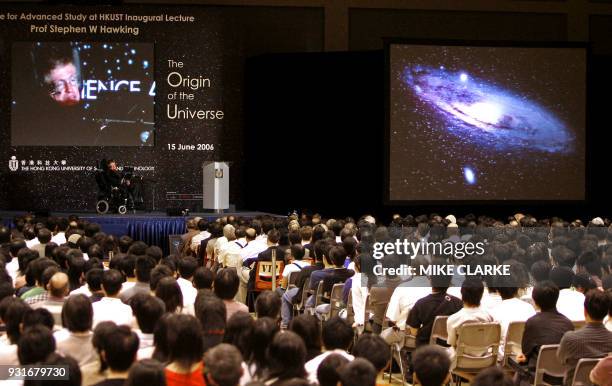 Professor Stephen Hawking from University of Cambridge speaks during an inaugural lecture "The Origin of the Universe" at the Hong University of...