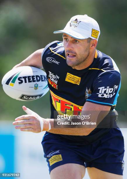 Michael Gordon runs the ball during a Gold Coast Titans NRL training session at Parkwood on March 14, 2018 in Gold Coast, Australia.