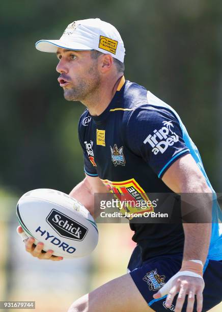 Michael Gordon runs the ball during a Gold Coast Titans NRL training session at Parkwood on March 14, 2018 in Gold Coast, Australia.