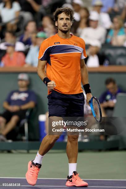 Feliciano Lopez of Spain celebrates a point against Jack Sock during the BNP Paribas Open at the Indian Wells Tennis Garden on March 13, 2018 in...