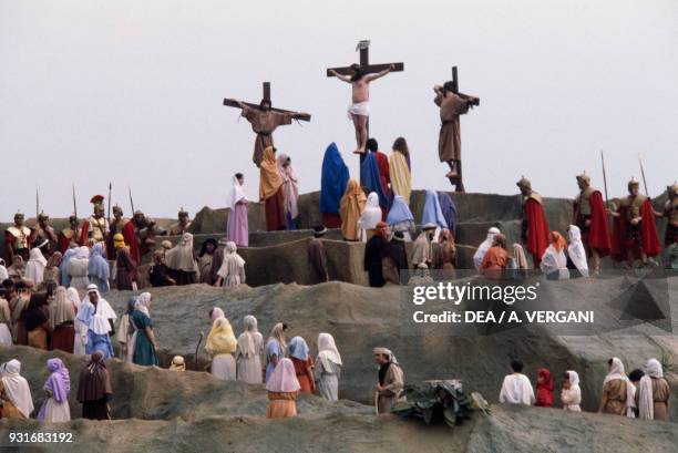 Crucifixion of Jesus and the two thieves, theatrical representation of the Passion of Christ, performed by Sordevolo community theatre, Piedmont,...