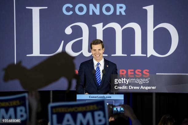 Conor Lamb, Democratic congressional candidate for Pennsylvania's 18th district, speaks to supporters at an election night rally March 14, 2018 in...