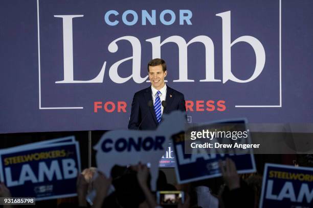 Conor Lamb, Democratic congressional candidate for Pennsylvania's 18th district, speaks to supporters at an election night rally March 14, 2018 in...