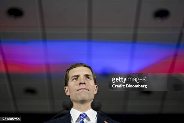 Conor Lamb, Democratic candidate for the U.S. House of Representatives, pauses while speaking during an election night rally in Canonsburg,...